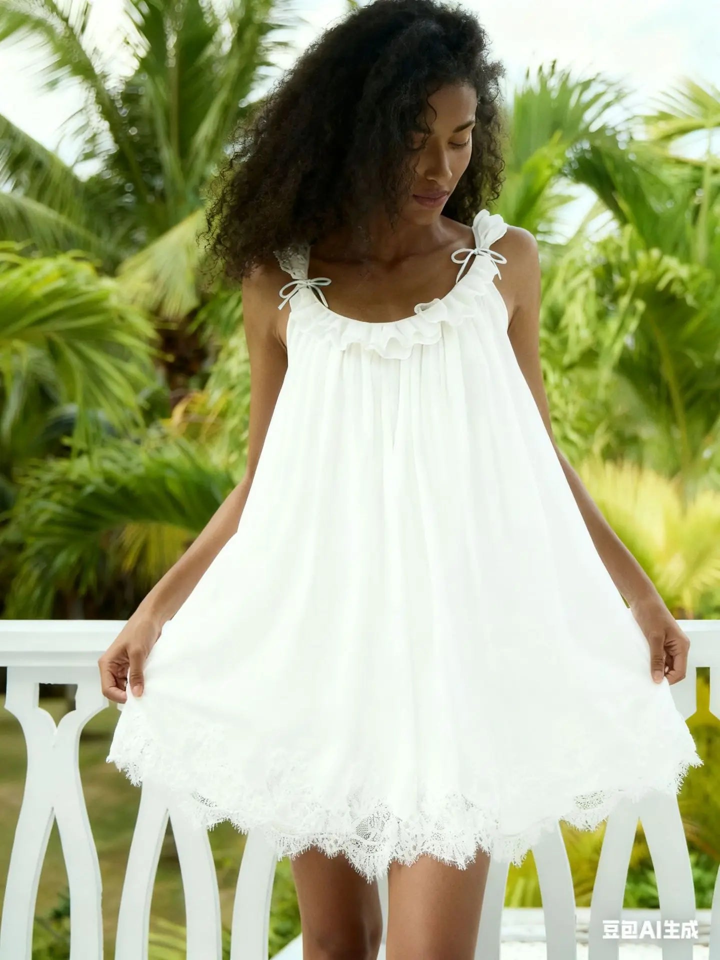 Chiffon Lace Spaghetti Strap Tiered Mini Dress for Women