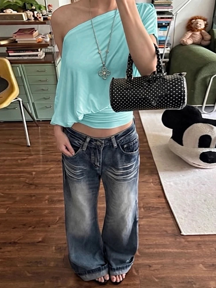 Off Shoulder Pleated Batwing Sleeve T Shirt for Women
