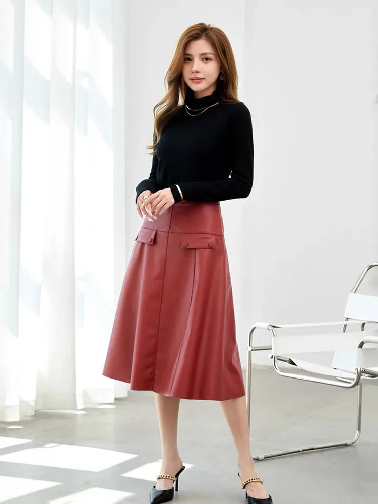 Long Skirts For Women 2025 New Korean Fashion High Waisted Genuine Leather Skirt Elegant A Line Casual Style Streetwear