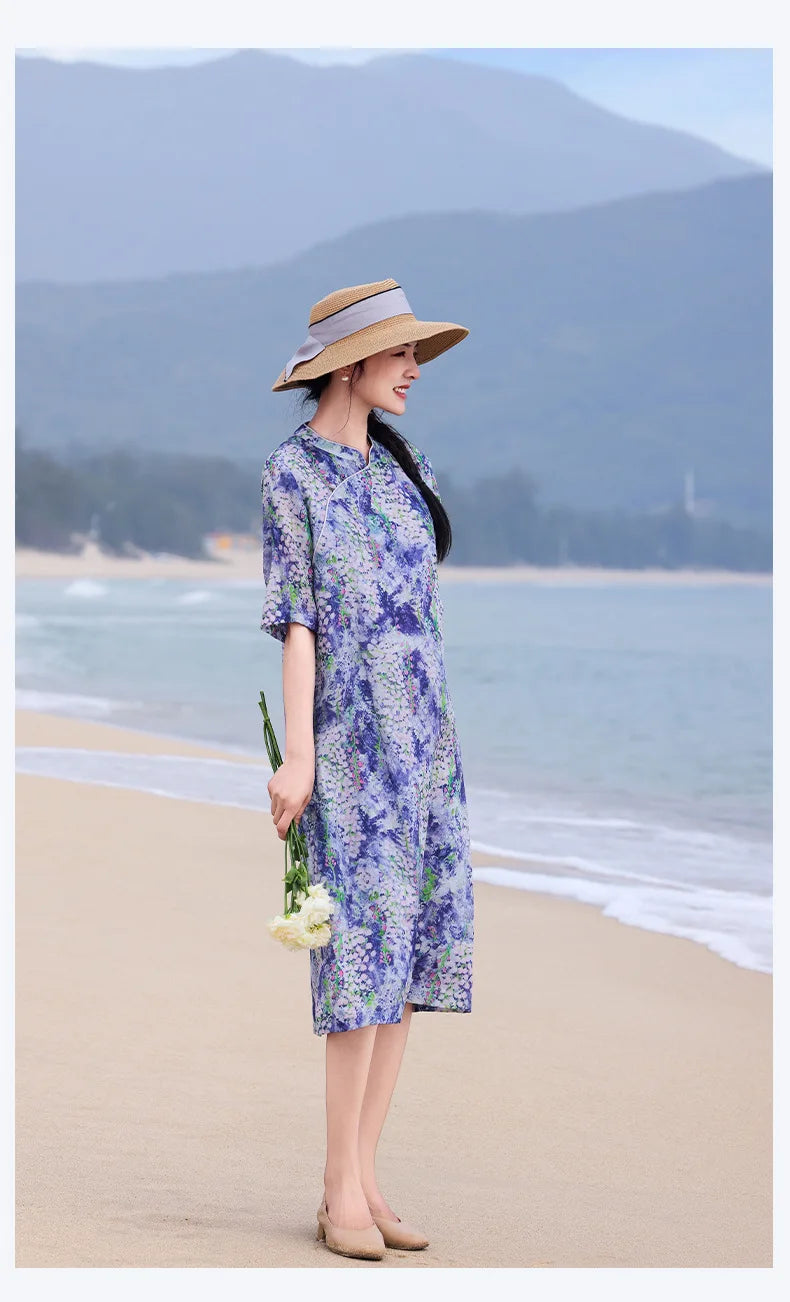 Casual Mandarin Collar Vintage Print Ramie Dress for Women