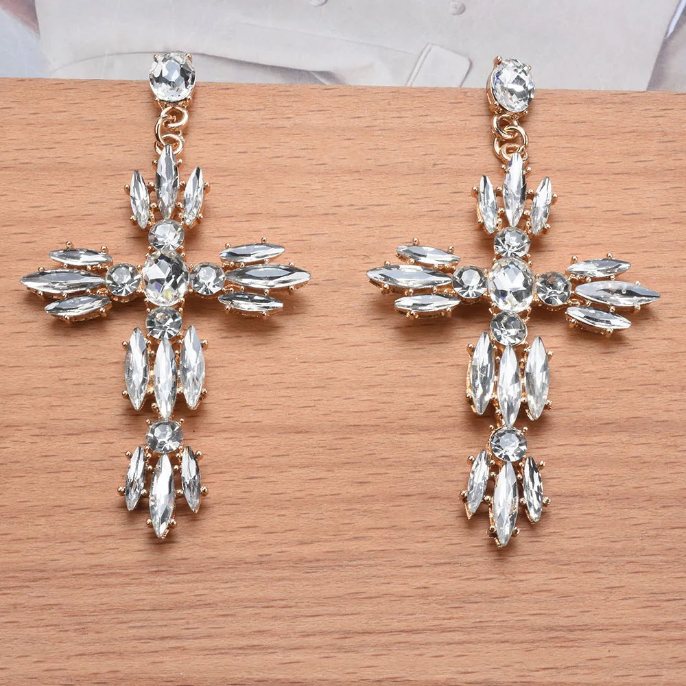 Black Crystal Rhinestone Cross Dangle Earrings for Women