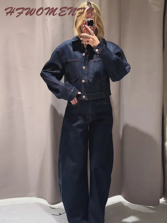 Heart Print Denim Coat And Pants Set