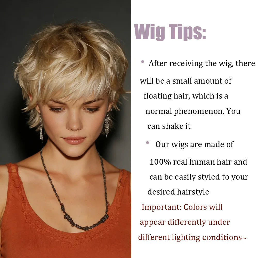 Short Straight Pixie Cut With Bangs Human Hair Wig For Women