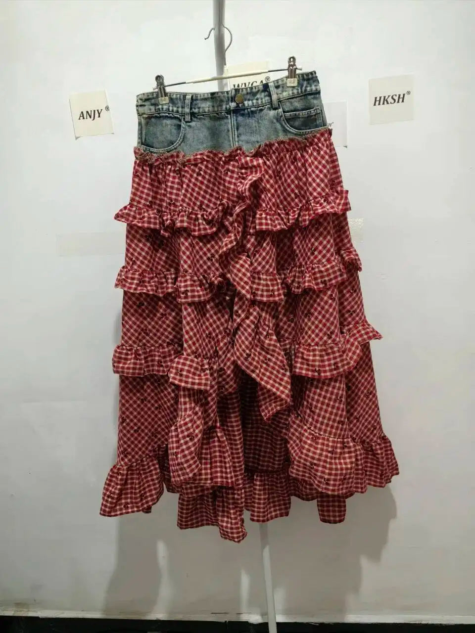 ANJY Spring Summer New Women Fashion Vintage Plaid Patchwork Denim Multi-layered Skirt Sweet Drawstring Short Sleeve Tops A24530
