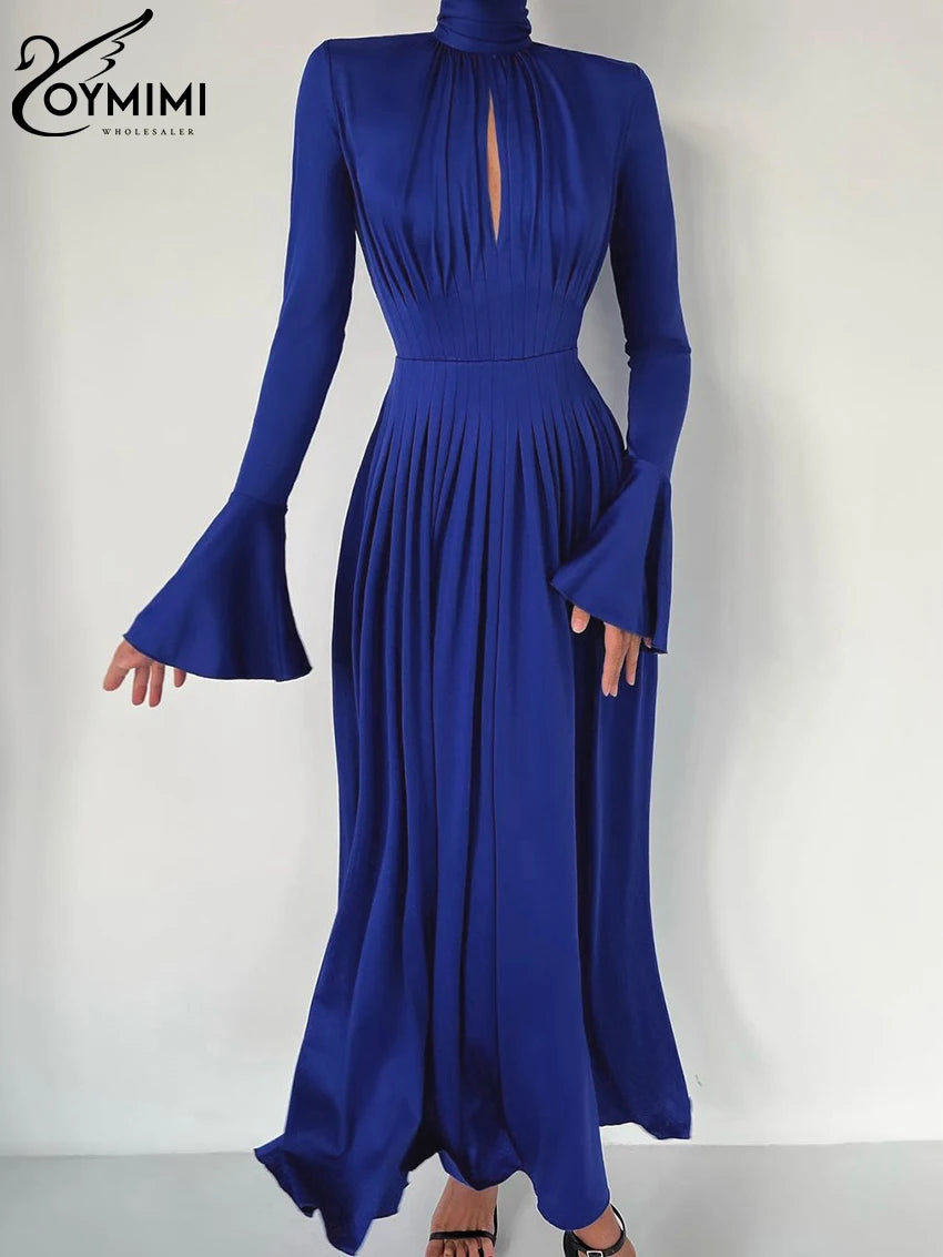 Oymimi Sexy Slim Blue Knitted Women'S Dress Fashion Turtleneck Long Sleeve Ankle Length Dress Elegant Pleated Hollow Out Dress