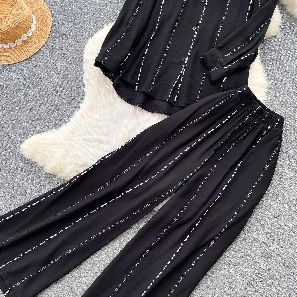 Collared Shirt and Wide Leg Pants Set