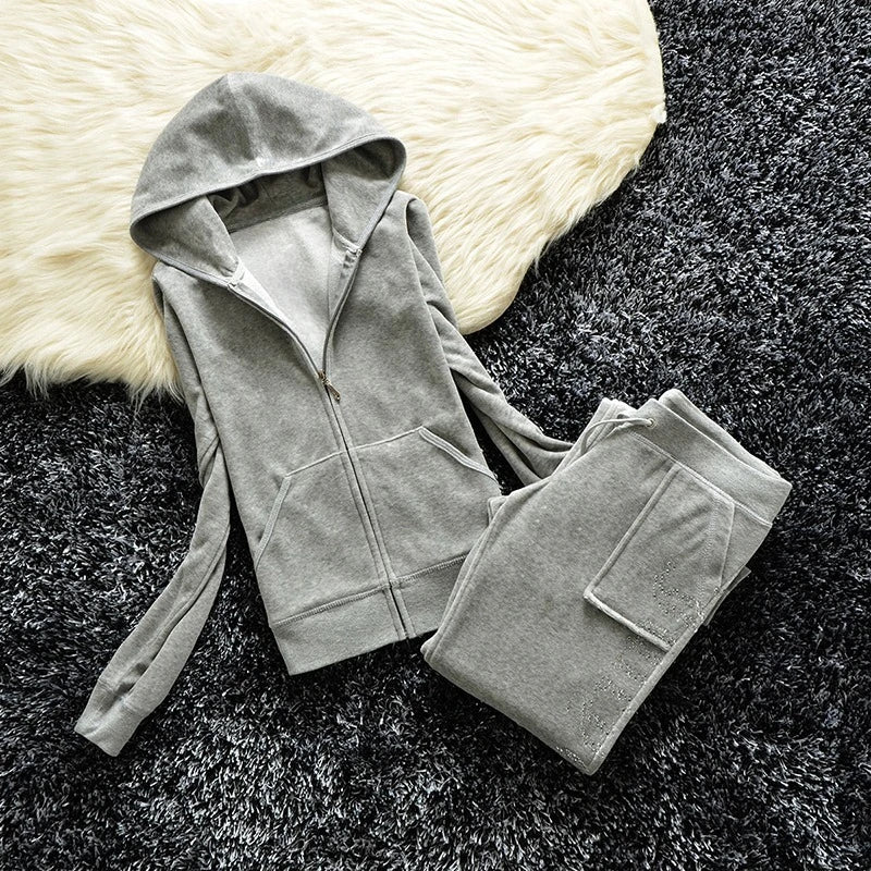 Y2K Velvet Rhinestone Two Piece Tracksuit Set for Women