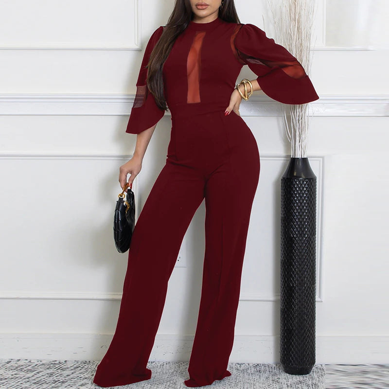 Office Lady O-neck Short Sleeved Romper Fashion Party Solid Color Long Pants Playsuit Mesh Splicing High Waist Straight Jumpsuit