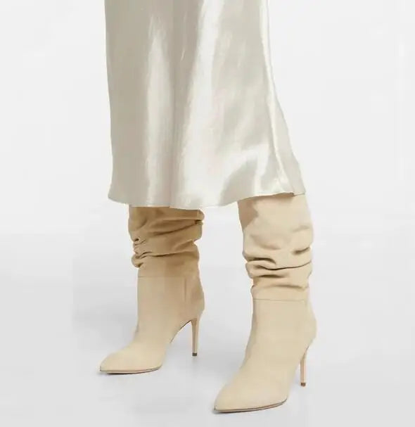 Slip On Pleated Suede Pointed Toe Thin Heel Mid Calf Boots for Women