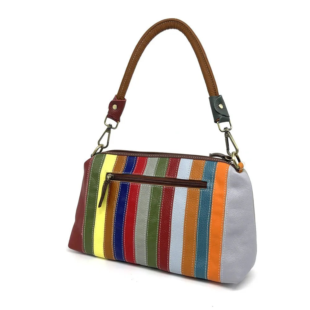 Leisure and versatile women's bag colorful leather splicing strip bag seven color rainbow bag, single shoulder crossbody handbag