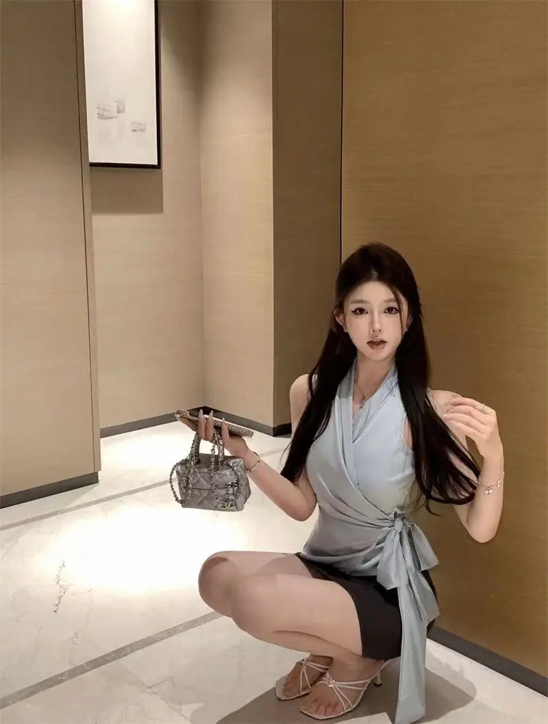 Solid V Neck Bandage Sleeveless Elegant Top for Women