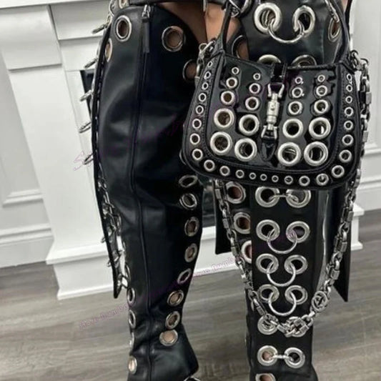 Black Metal Ring Knee High Boots Pointed Toe Shoes for Women Thin High Heels Matte Leather Punk Shoes 2025 Zapatos Para Mujere