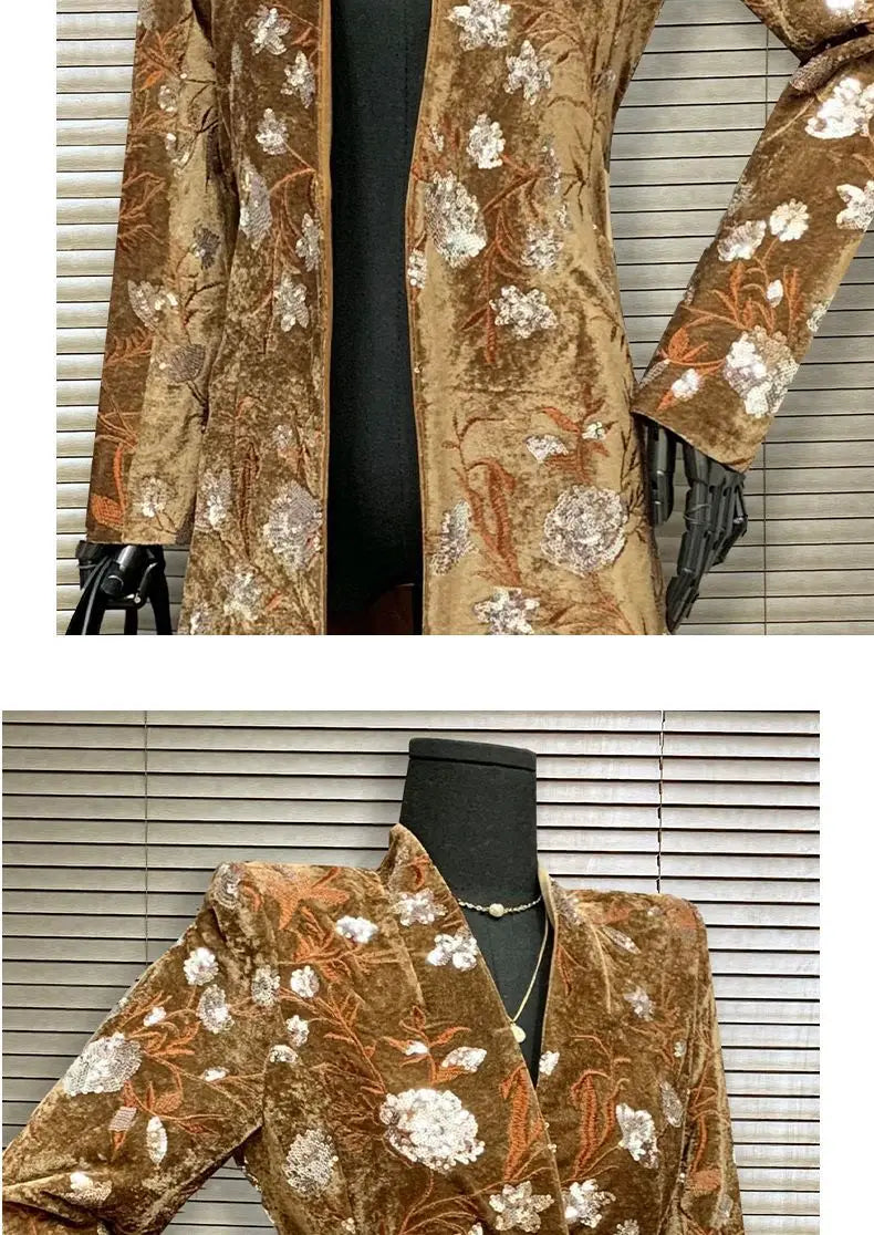 Golden Velvet Adjustable Waist Windbreaker Coat Autumn/Winter New English style Luxury Sequin Embroidered Women's Coat