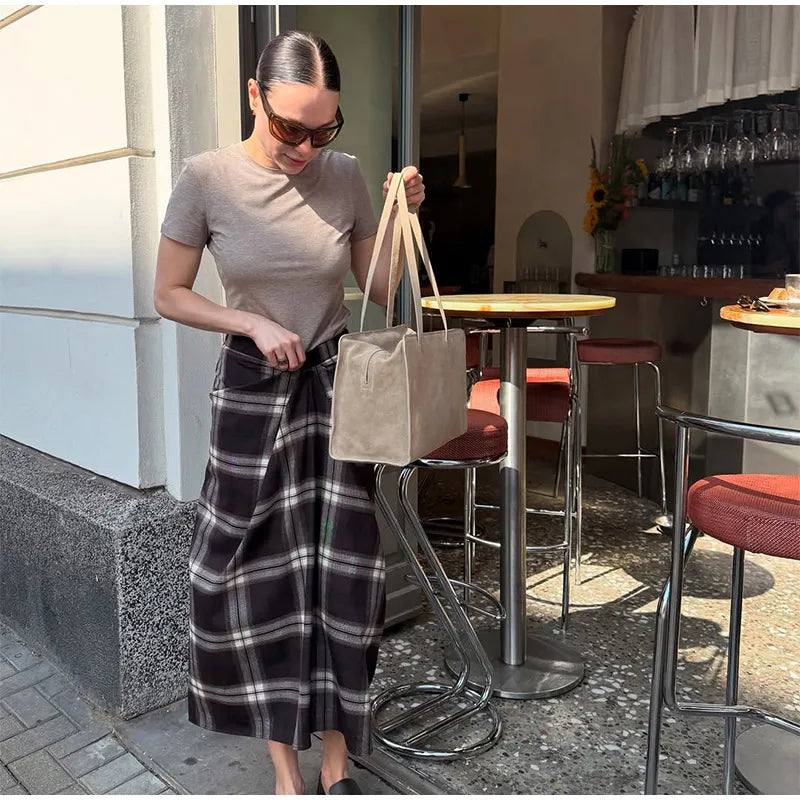 Women Checked Midi Skirt Fashion Casual Pleated Irregular High Waist Slim Mid-length Bottom Lady Daily New Commute Street Skirts