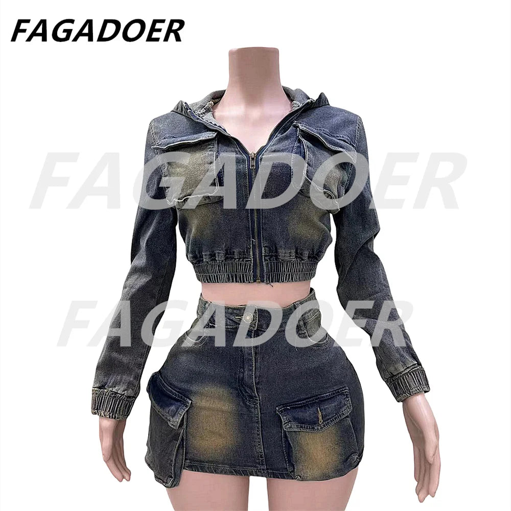 Retro Denim Patchwork Cargo Two Piece Set for Women