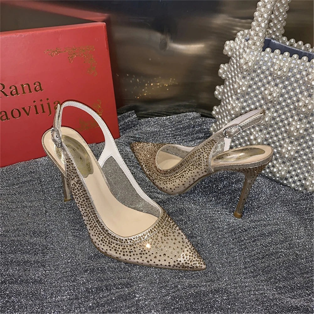 Rhinestone Mesh Pointed Toe Thin High Heels for Women