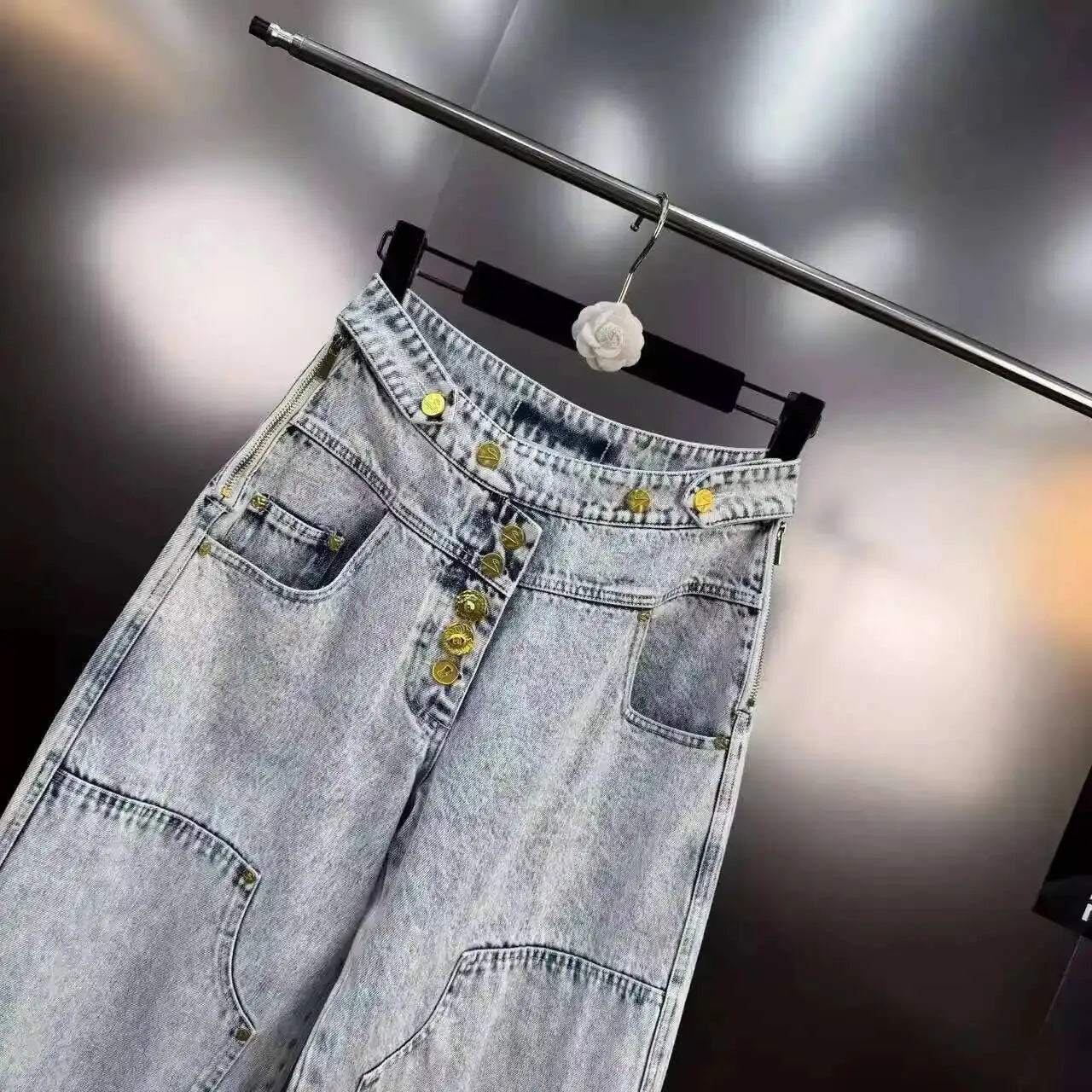 ANJY Autumn New Women's Streetwear Y2K Chic Fashion Safari Style Niche Personality Spliced Button Jeans Casual Denim Pants A7689