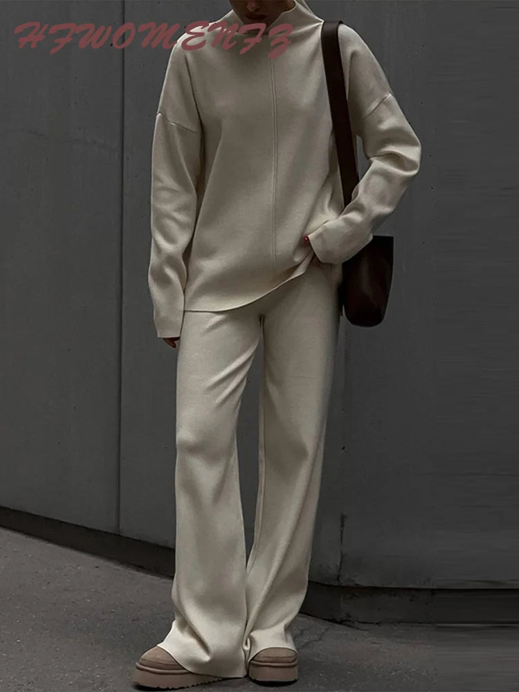 Solid Turtleneck Sweatshirt Set With Wide Leg Pants for Women