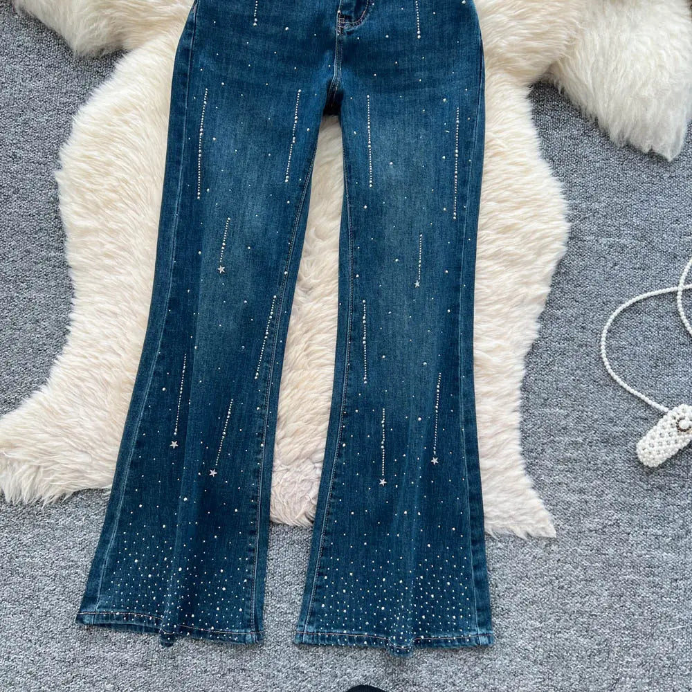 High-Waisted Rhinestone Embellished Flare Jeans for Women