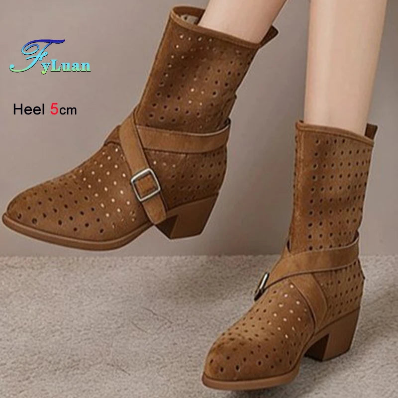 Brown Suede Western Cowboy Boots With Belt Buckle And Pointed Toe for Women