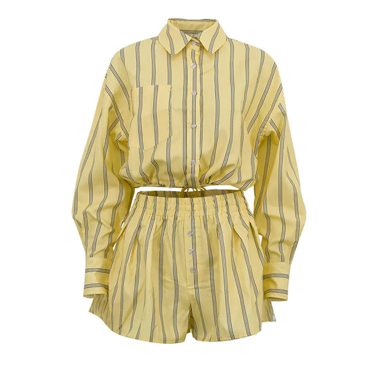 Long Sleeve Crop Top Striped Two Piece Shorts Set for Women