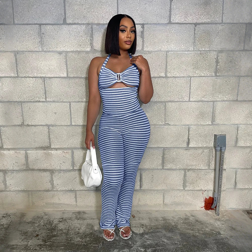 FAGADOER Sexy Stripe Patchwork Two Piece Outfits Woman Halter Backless Tank Top + Skinny Pants Suits Female Streetwear Clothing