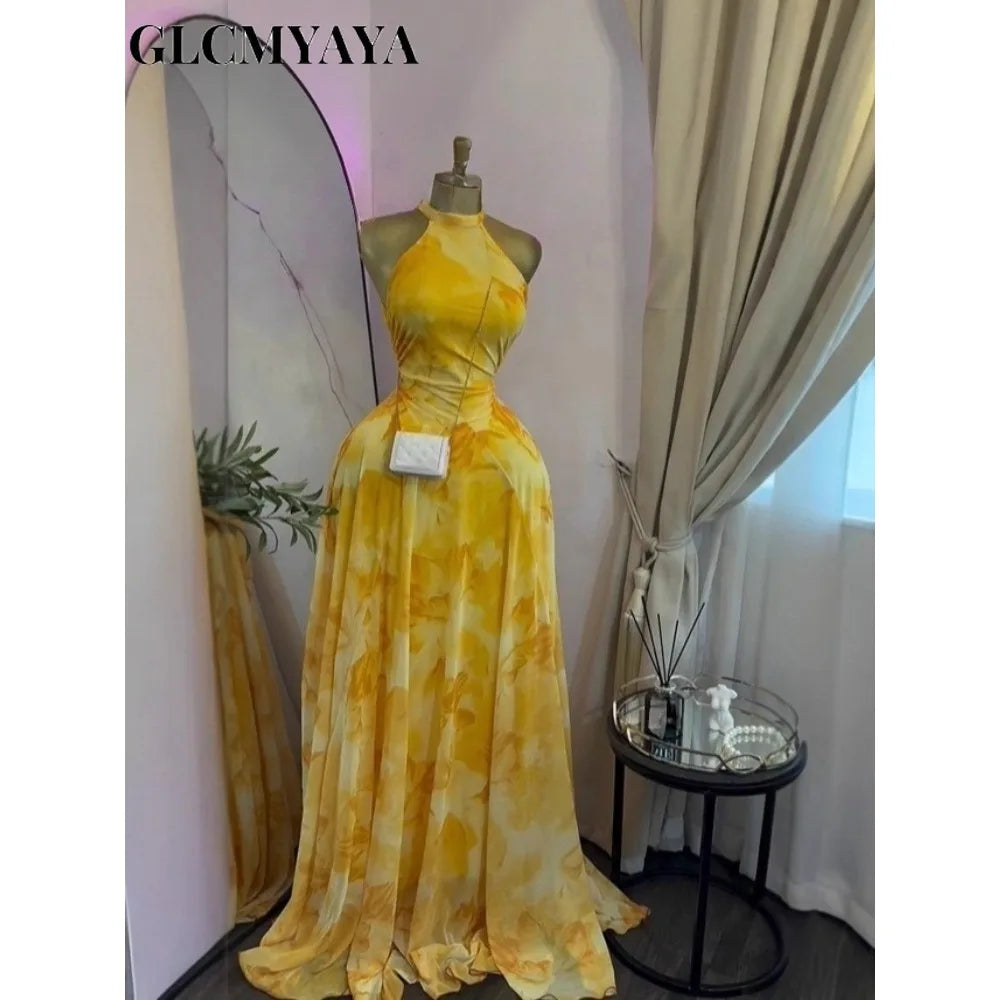 Elegant Printed Sleeveless With Sashes Maxi Dress for Women