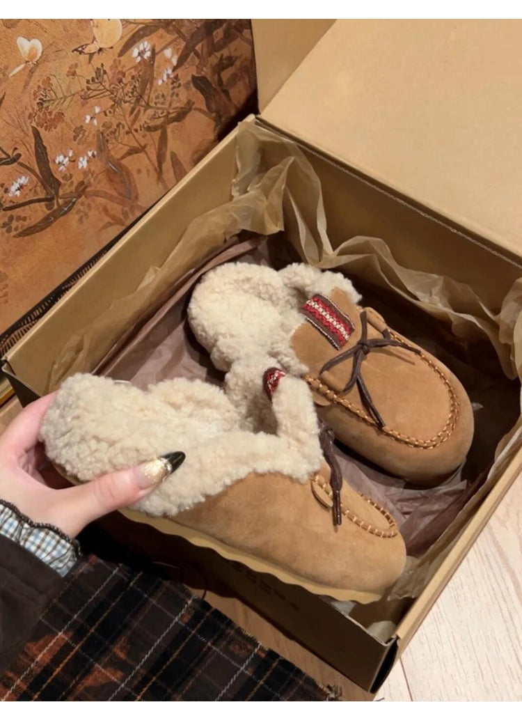 Sheepskin Fluffy Closed Toe Slippers Women Mules Shoes Warm Lace Up Indoor and Outdoor Cotton Shoes Female Winter Fashion