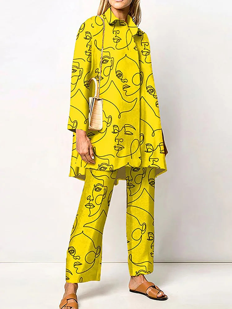 2022 Sets Womens Outfits Elegant Loungewear Print Spring Autumn 2PCS Ladies Suit Long Sleeve Wide Leg Pants Loose Fit Streetwear