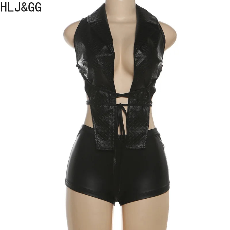 Sleek Black Leather Sleeveless Backless Two Piece Set for Women