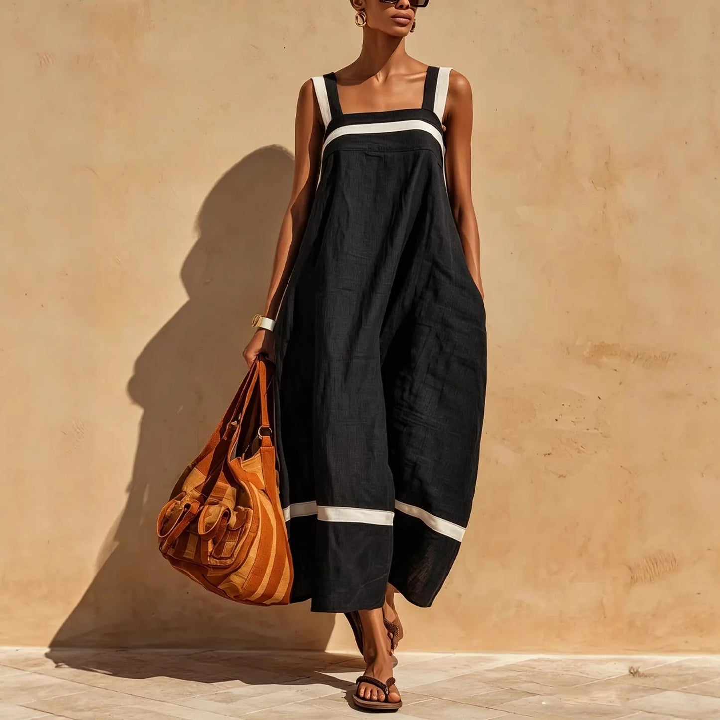 Contrasting Color Stripe Square Neck Spaghetti Strap Pocket Dress for Women