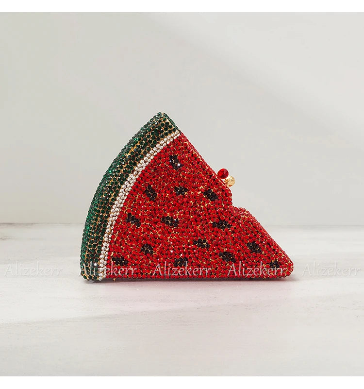 Alizekerr Pizza Shaped Diamond Evening Clutch Bags 2024 New Gorgeous Unique Metallic Watermelon Rhinestone Purses Wedding Party
