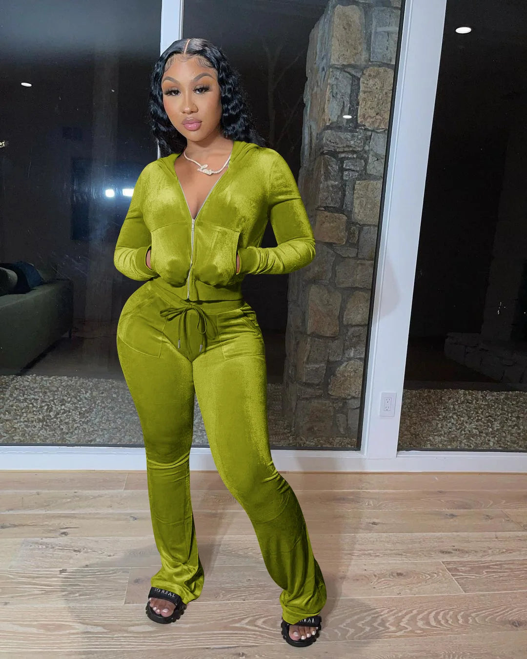 Hooded Zip Top And High Waist Pants Outfit Set for Women