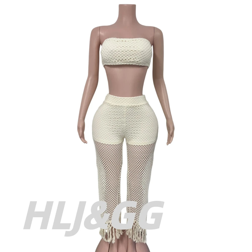 Crochet Bandeau Top and Tassel Wide Leg Pants Set for Women