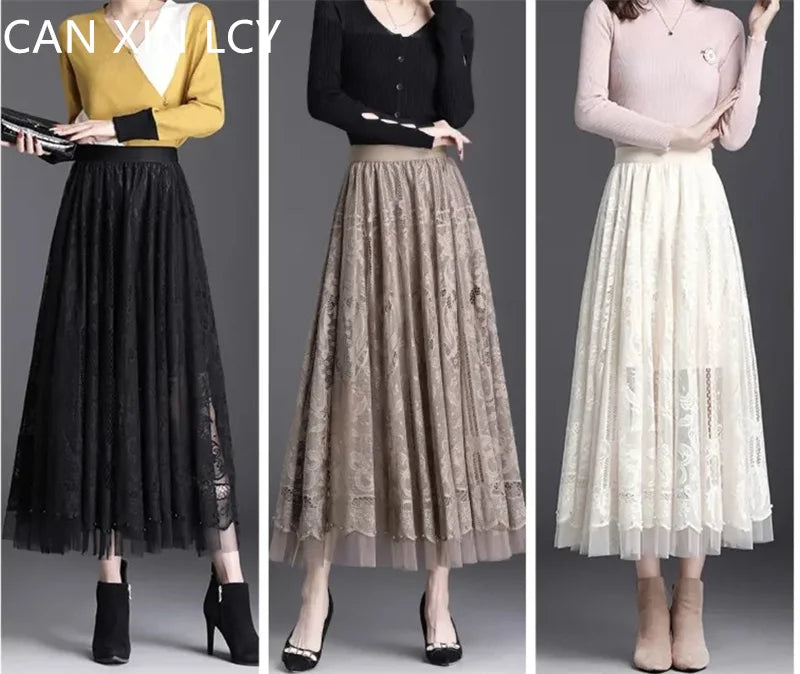 High Waist Lace Skirt With Hollow Out Studded Details For Women