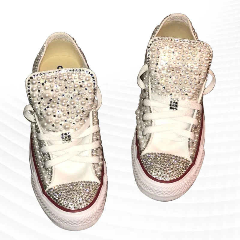 Handmade Pearl Rhinestone Low Top Canvas Shoes for Women
