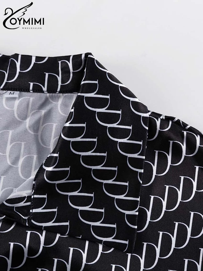 Oymimi Fashion Black Print Womens 2 Piece Outfit Set Elegant Lapel Long Sleeve Shirts And High Waisted Lopse Straight Pants Sets