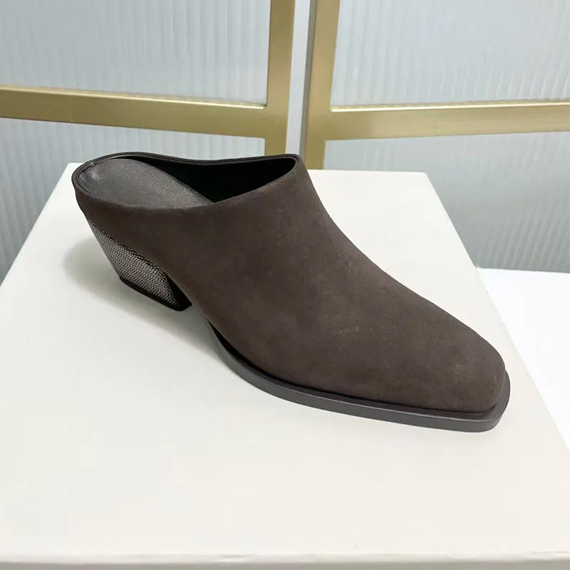 Square Heel Suede Mules With Bead Accents For Women