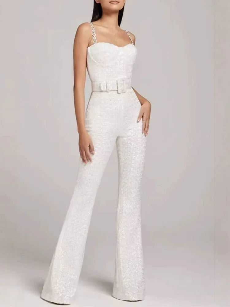 Sexy Off Shoulder Sleeveless Party Playsuit Fashion Match Belt Slim Fit Long Rompers Elegant Shiny Sequins Chain Sling Jumpsuit