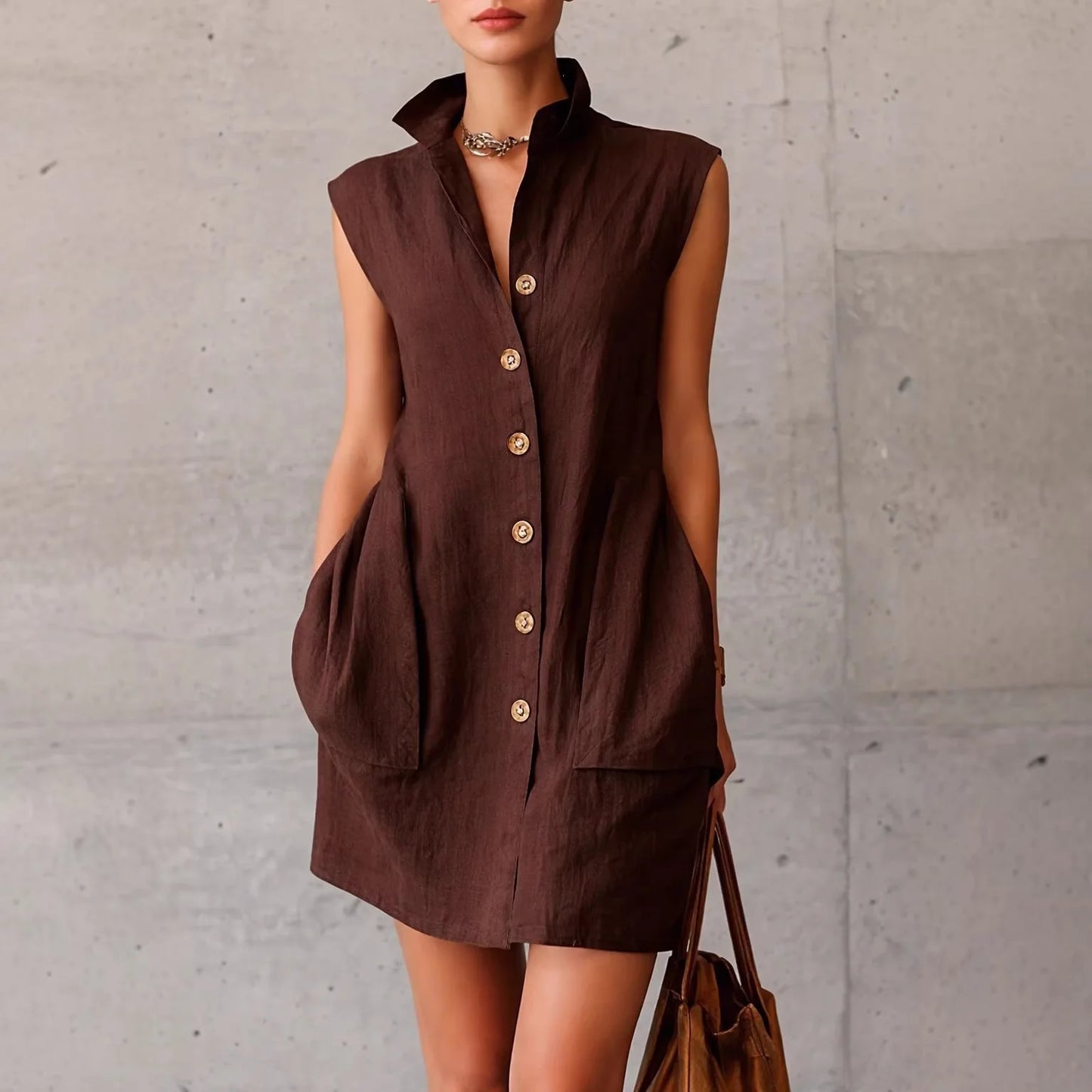 Solid Color Lapel Button Sleeveless Pocket Mini Shirt Dress for Women