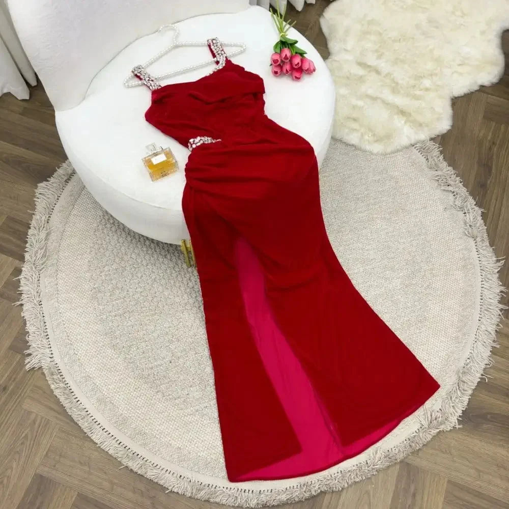 Red Front Split Beaded Satin Evening Dress for Women