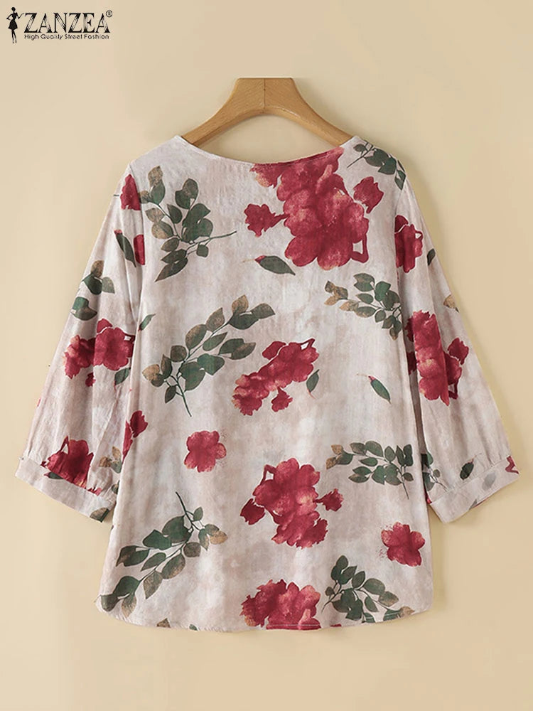 2024 Autumn 3/4 Puff Sleeve Tees ZANZEA Women Round Neck Tops Vintage Ethnic Style T Shirt Holiday Floral Printed Smock Blouse