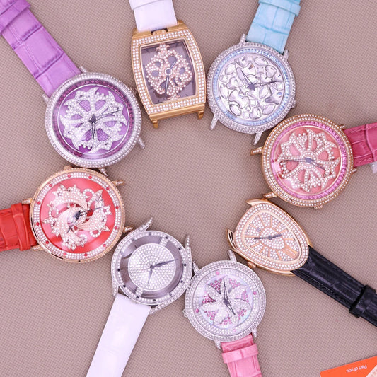 Luxury Davena Spin Snow Flower Women's Watch Japan Mov't Crystal Lady Hours Fine Fashion Real Leather Bracelet Girl's Gift Box