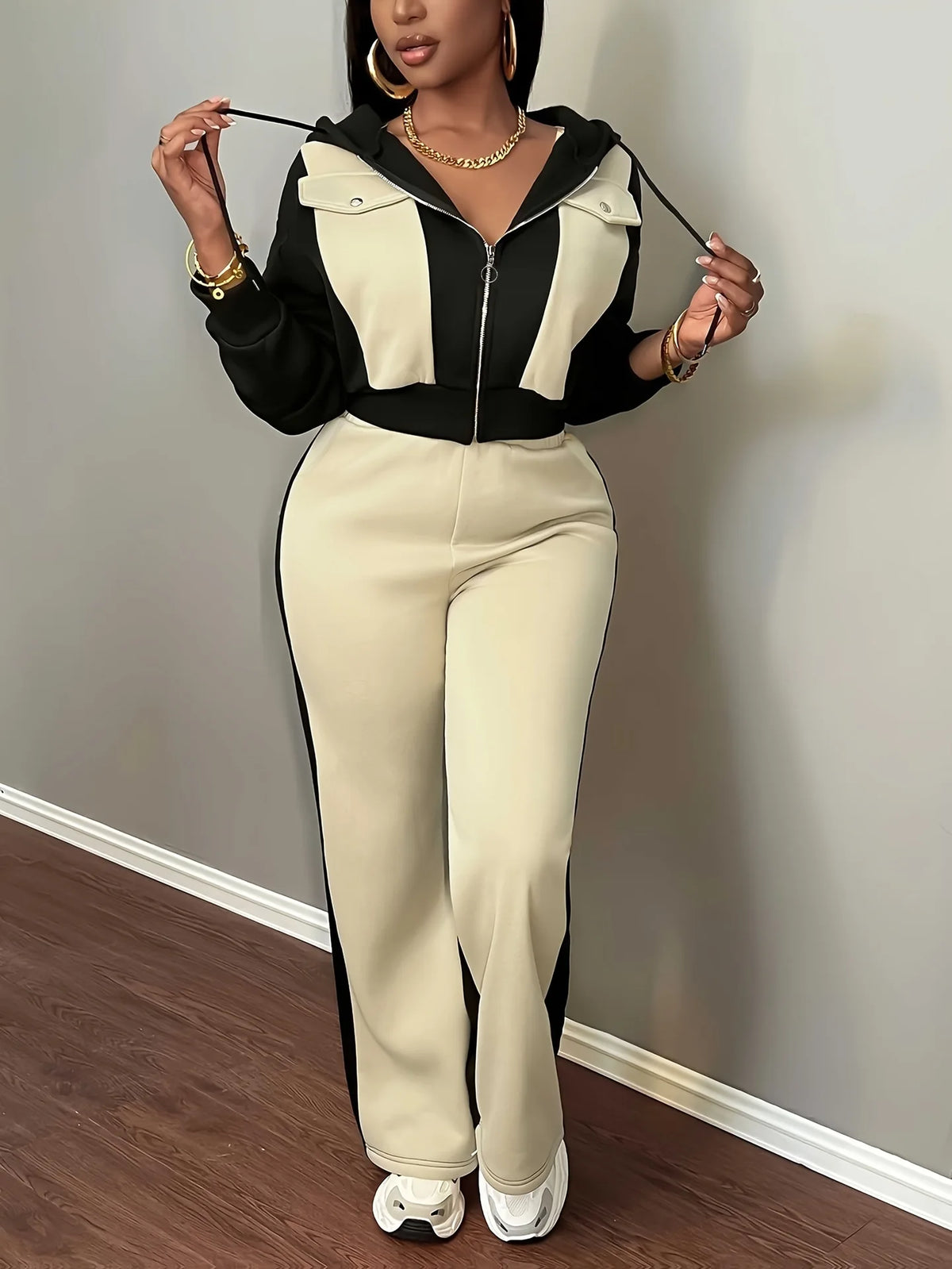 Hooded Two Piece Top and Pants Matching Set for Women