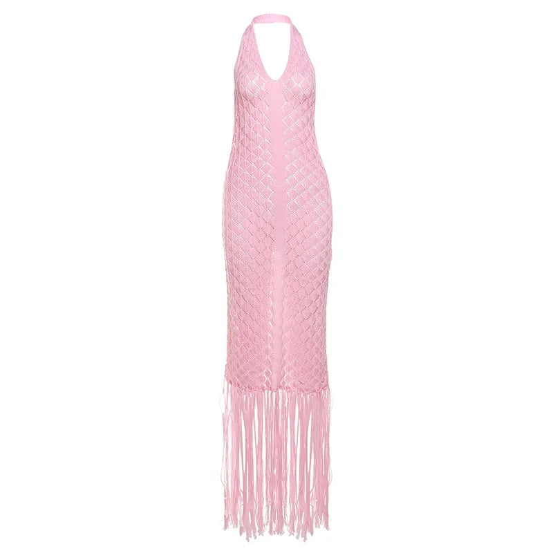 Elegant See Through Crochet Tassel Halter Dress for Women