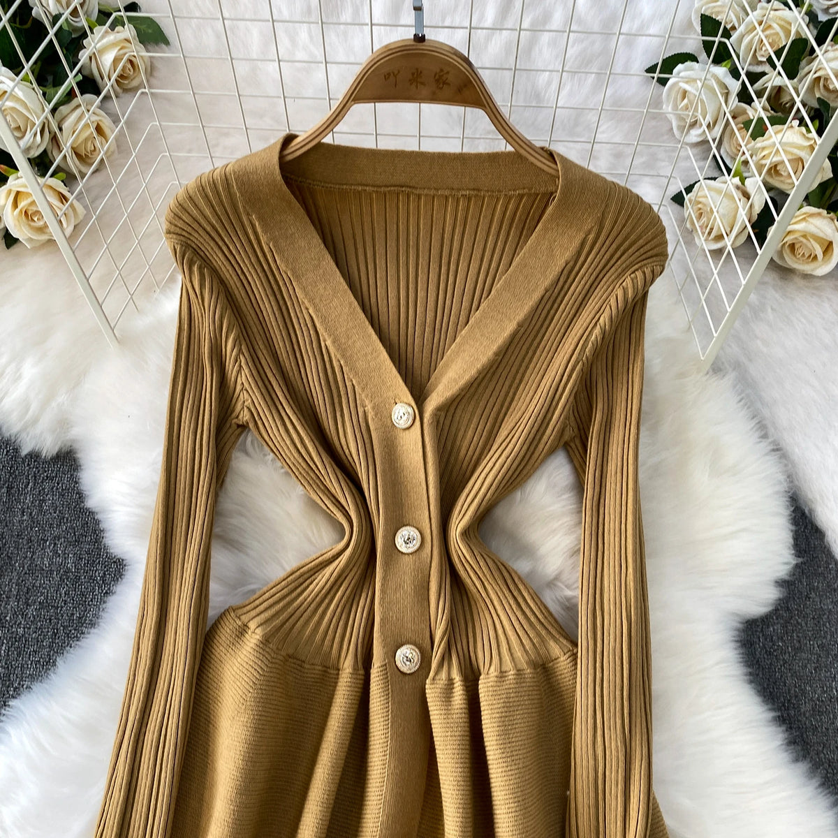 V Neck Knit A Line Long Sleeve Mini Dress for Women