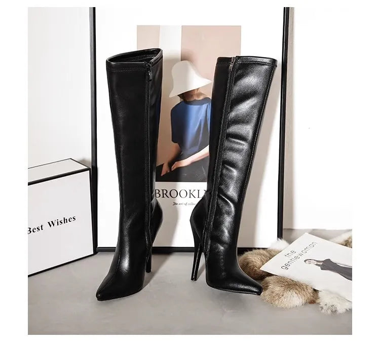 Black Pointed Toe Slim Knee Boots