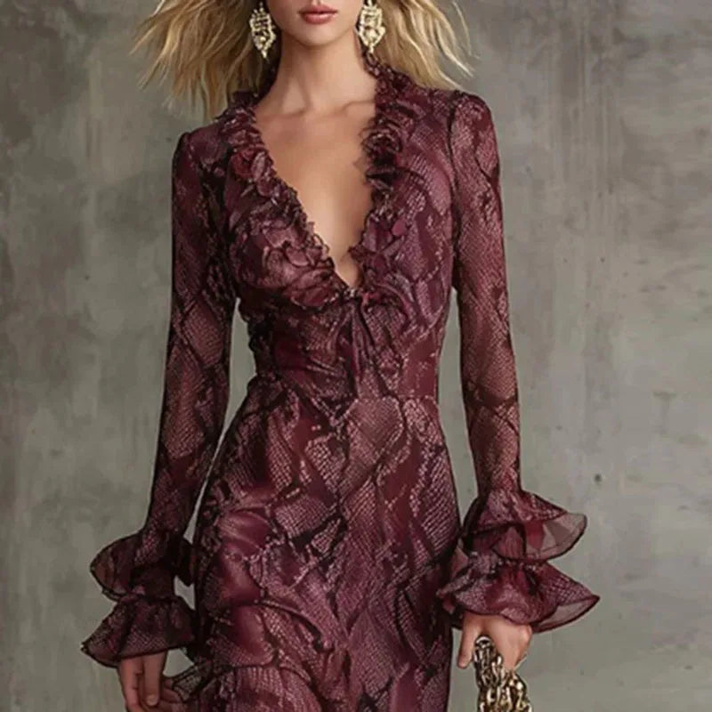 Snake Print V Neck Ruffle Sleeve Maxi Dress for Women