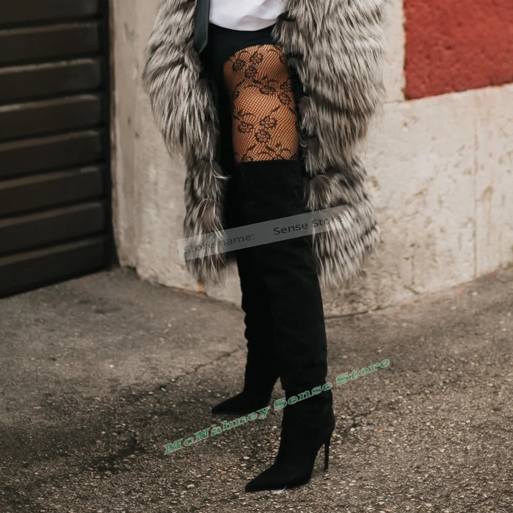 Suede Over the Knee Boots Pointy Toe Stiletto Heels for Women