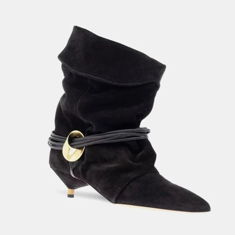 Vintage Stiletto Low Heel Boots Women's Fashion Brand Pleated Ankle Boots Brown Pointed High-end Texture New Cowboy Boots Shoes